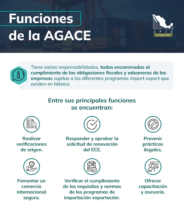 6 Funciones de la AGACE en infografía blanca y azul oscuro