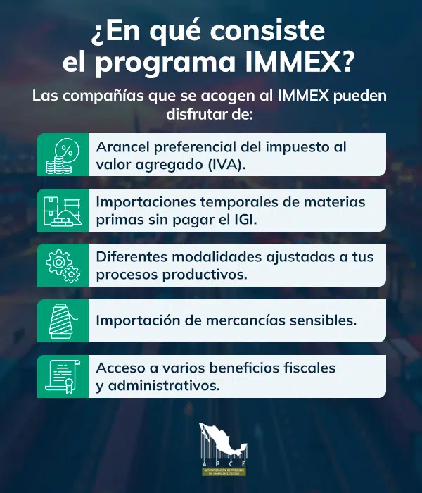 Aspectos clave del programa IMMEX en infografía de fondo oscuro