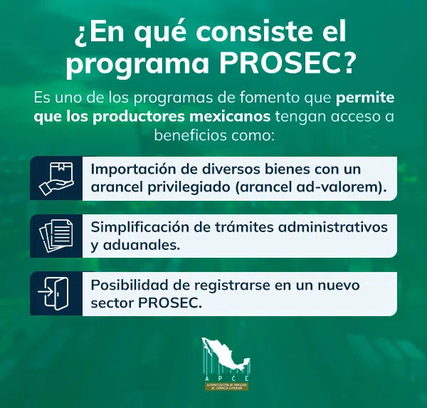 Aspectos clave del programa PROSEC en infografía de color verde