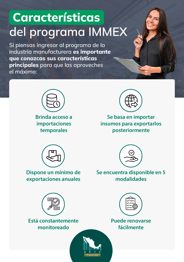 Características del programa IMMEX en infografía de color blanco y gris