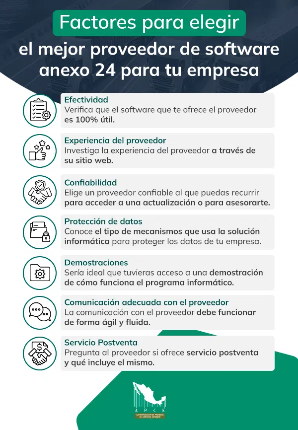 Factores para elegir un proveedor de software anexo 24 en infografía de color blanco y verde