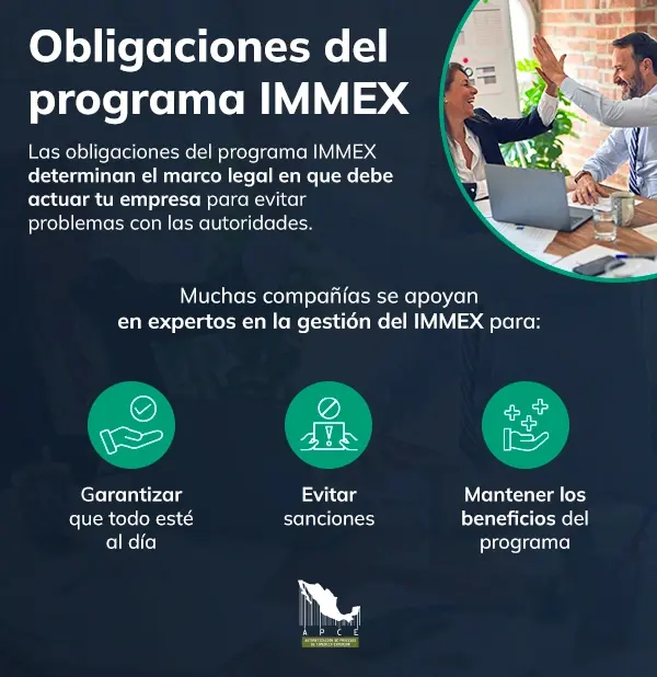 Ventajas de contar con expertos para cumplir con las obligaciones del IMMEX en infografía de color oscuro